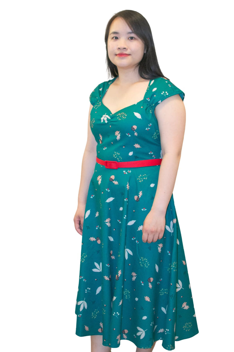 Green Sweetheart Acorn Leaves A Line Cotton Dress with Pockets