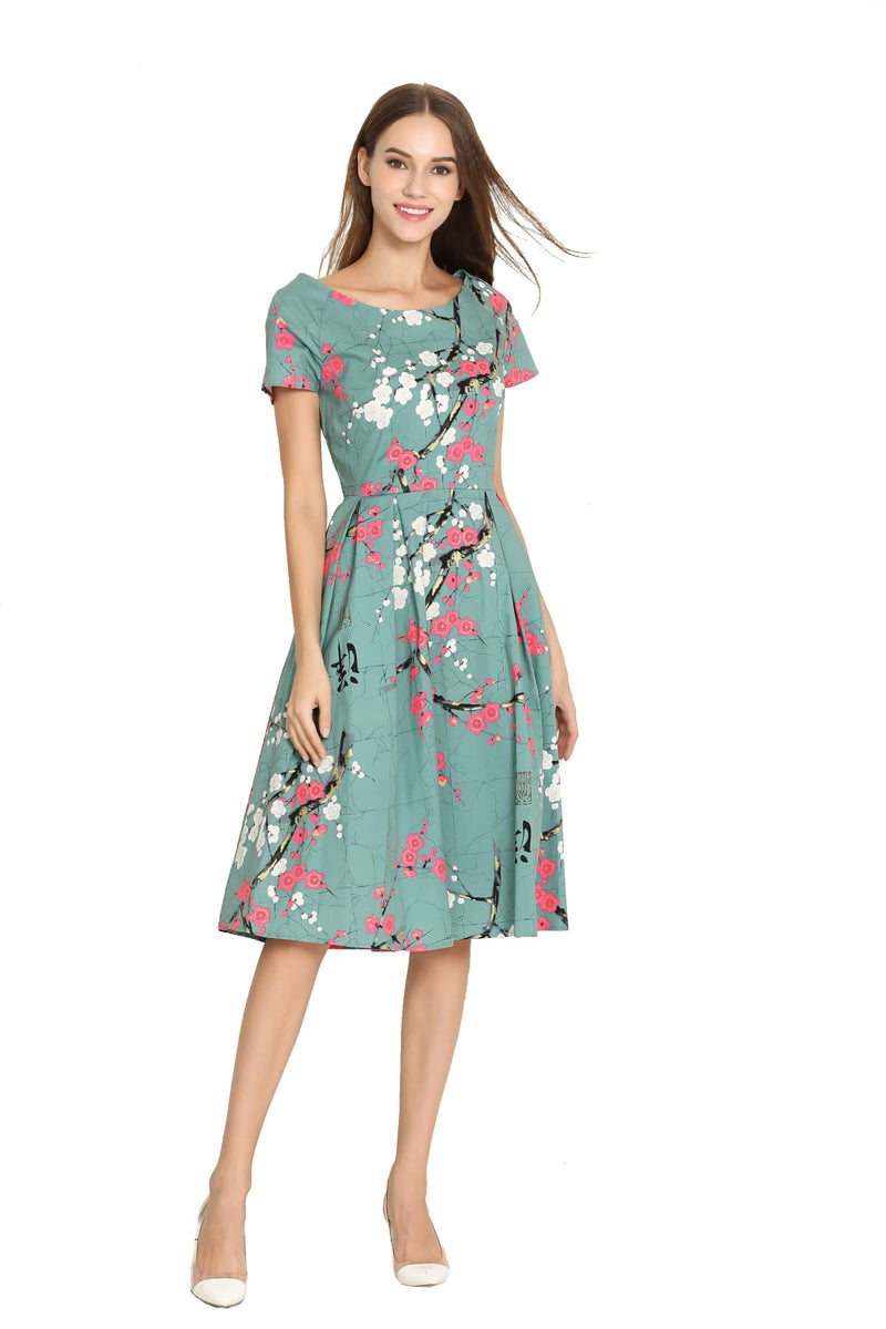 Scoop Neck Knit Dress in Turquoise Florettes