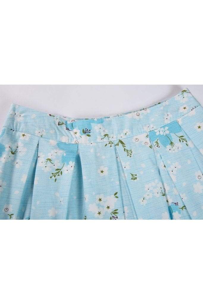 Baby Blue Box Pleated Cherry Blossom Skirt with Pockets