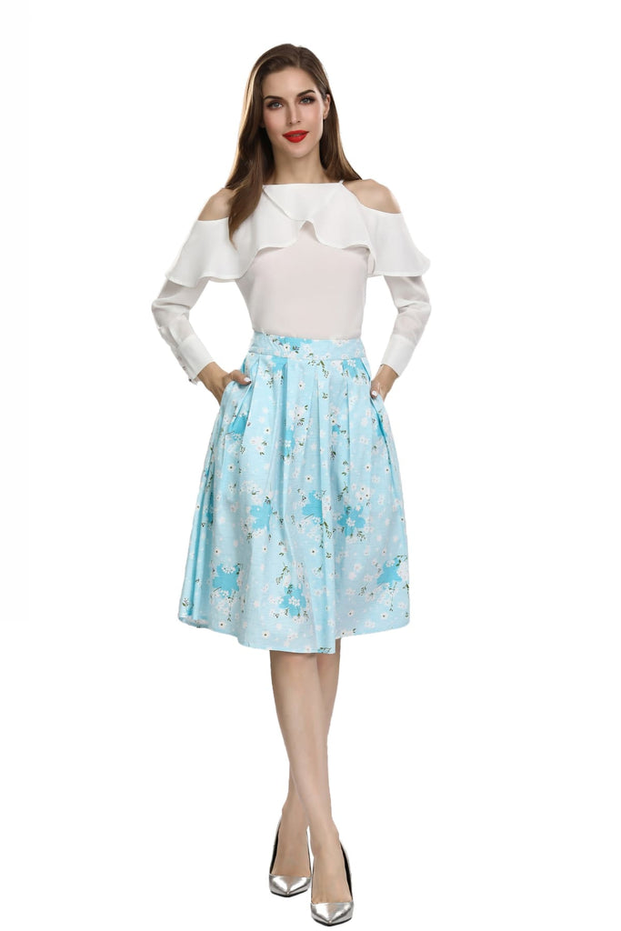 Baby Blue Box Pleated Cherry Blossom Skirt with Pockets