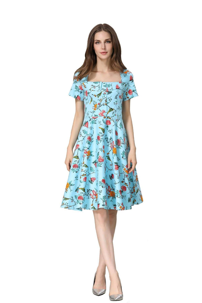 Beautiful Blue with Floral Birds Folded Collar A Line Dress with Pockets