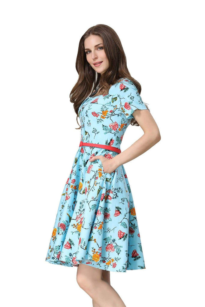 Beautiful Blue with Floral Birds Folded Collar A Line Dress with Pockets