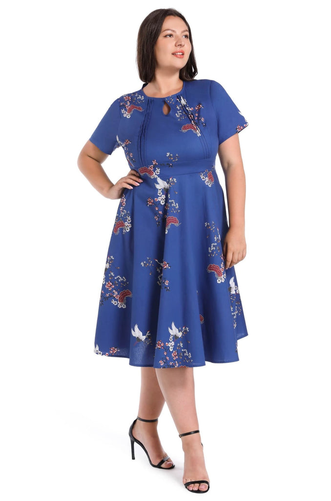 Beautiful Blue Keyhole Short Sleeve Crane & Blossom A Line Cotton Vintage Dress with Pockets