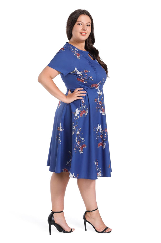 Beautiful Blue Keyhole Short Sleeve Crane & Blossom A Line Cotton Vintage Dress with Pockets