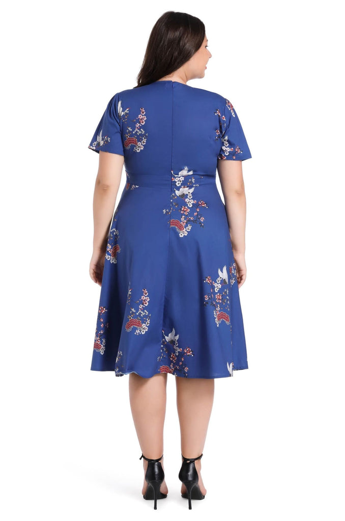 Beautiful Blue Keyhole Short Sleeve Crane & Blossom A Line Cotton Vintage Dress with Pockets