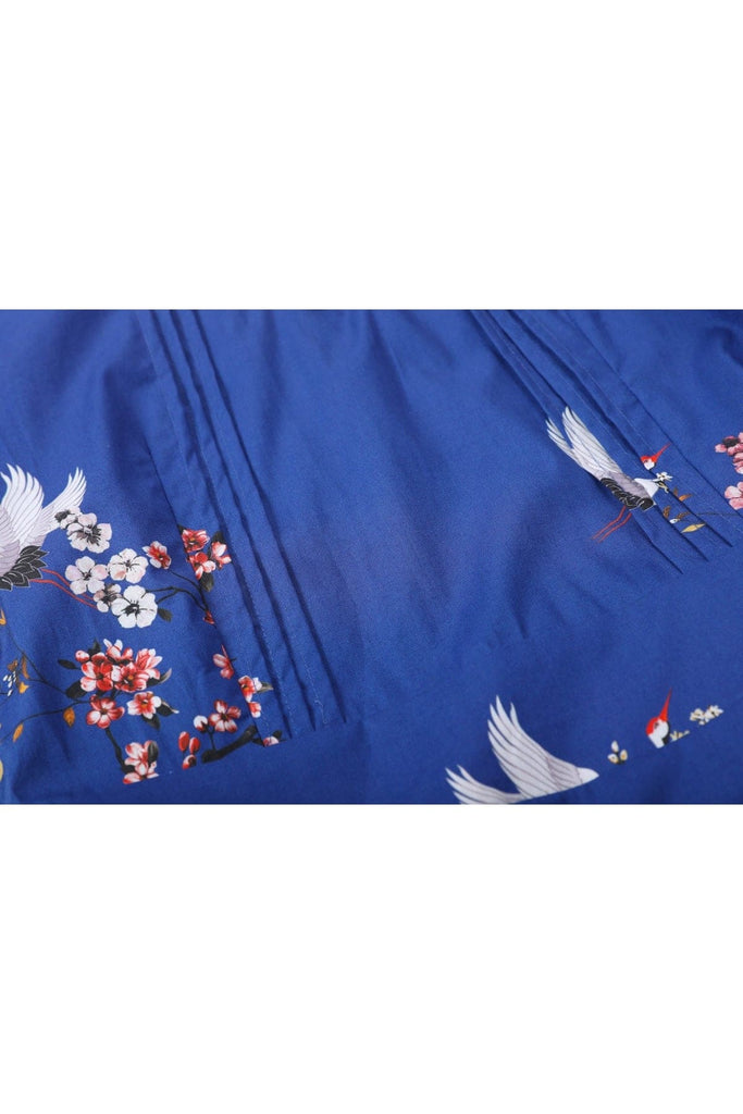 Beautiful Blue Keyhole Short Sleeve Crane & Blossom A Line Cotton Vintage Dress with Pockets