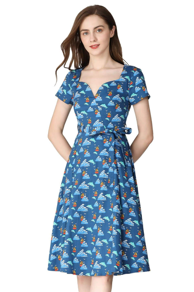 Beautiful Blue Ocean Sweetheart A Line Cotton Dress with Pockets