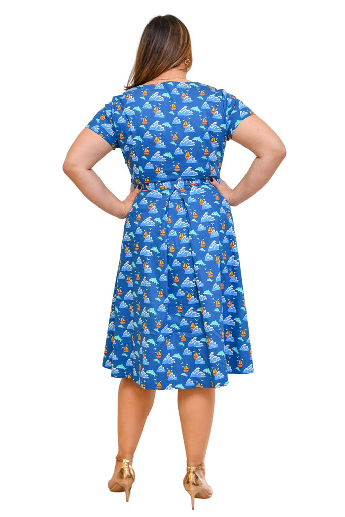 Beautiful Blue Ocean Sweetheart A Line Cotton Dress with Pockets