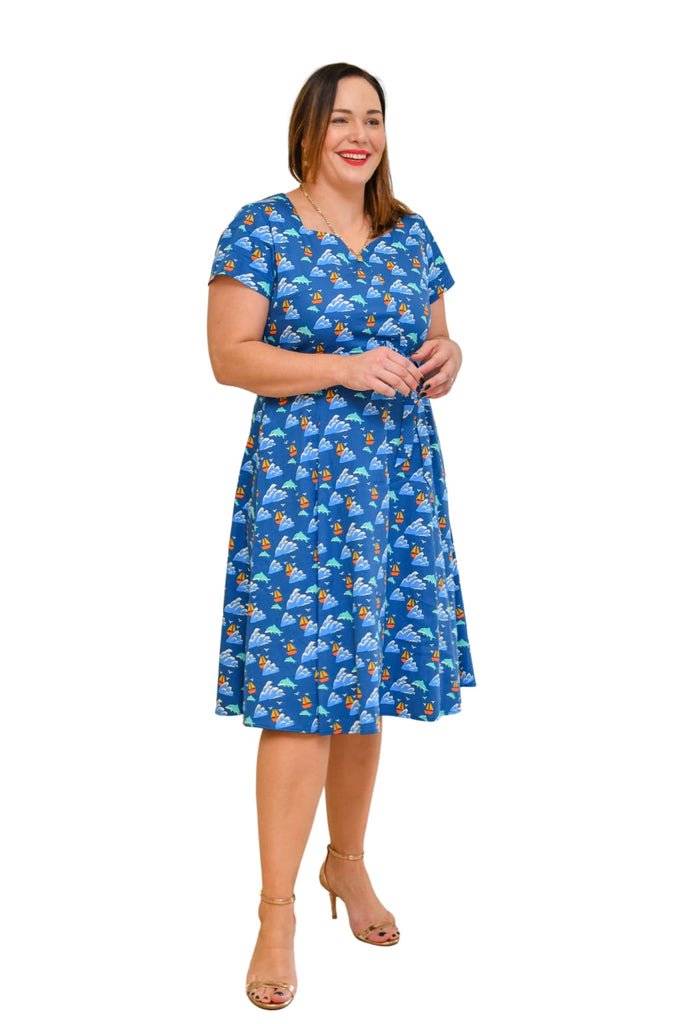 Beautiful Blue Ocean Sweetheart A Line Cotton Dress with Pockets