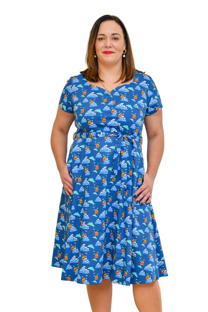 Beautiful Blue Ocean Sweetheart A Line Cotton Dress with Pockets