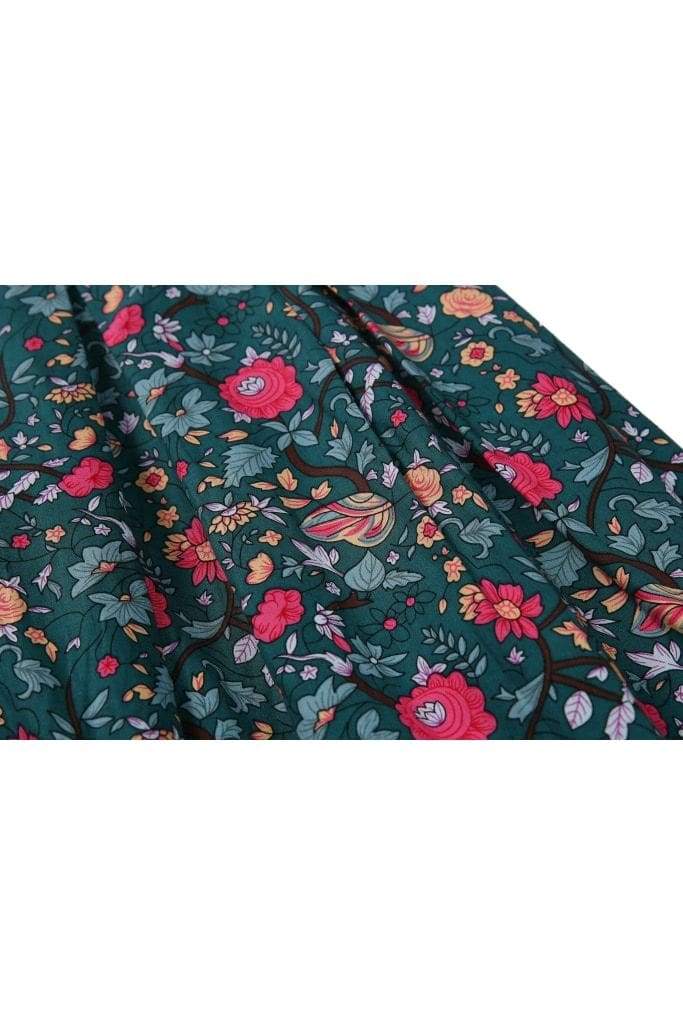 Beautiful Dark Green Box Pleated Vine Bright Red Flower Skirt with Pockets