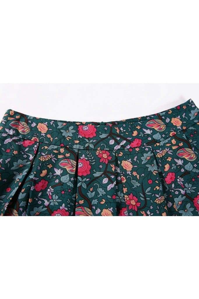 Beautiful Dark Green Box Pleated Vine Bright Red Flower Skirt with Pockets