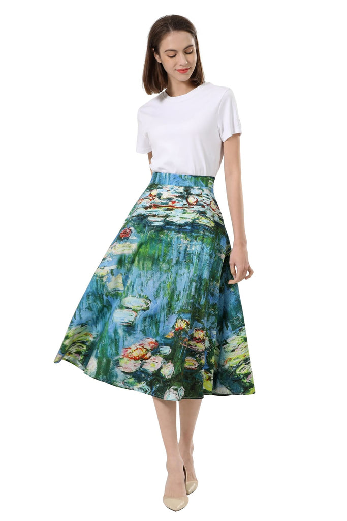 Beautiful Monet Water Lilies Aline Placed Print Cotton Skirt with Pockets