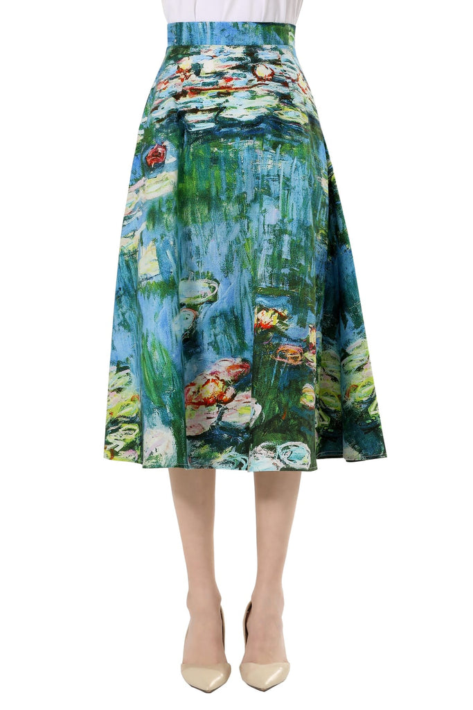 Beautiful Monet Water Lilies Aline Placed Print Cotton Skirt with Pockets