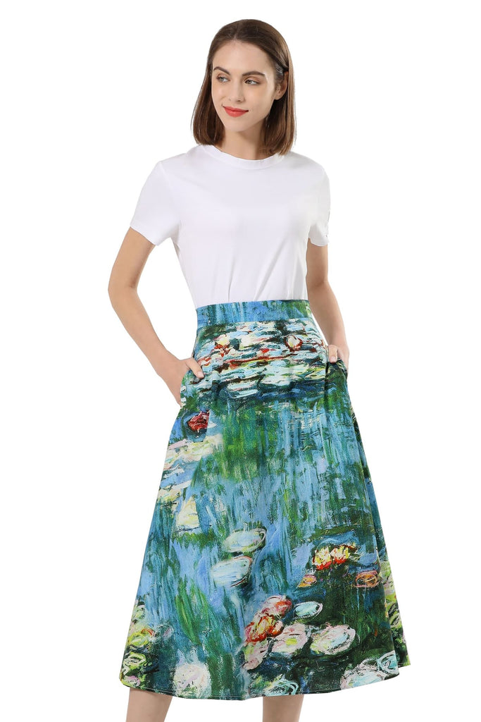 Beautiful Monet Water Lilies Aline Placed Print Cotton Skirt with Pockets
