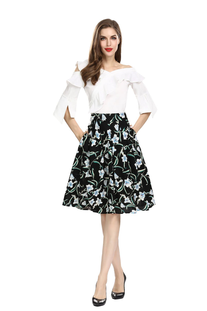 Black with Beautiful White and Blue Lily Box Pleated Skirt with Pockets