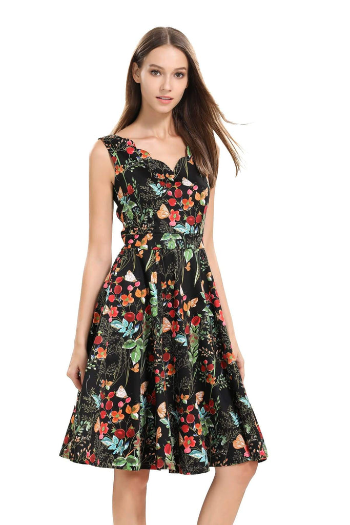 Black with Berry Flower and Butterfly Scallop Neckline A Line Dress