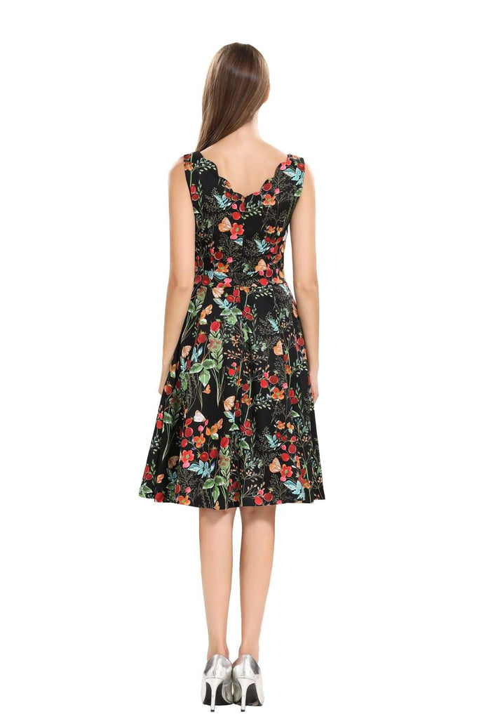 Black with Berry Flower and Butterfly Scallop Neckline A Line Dress