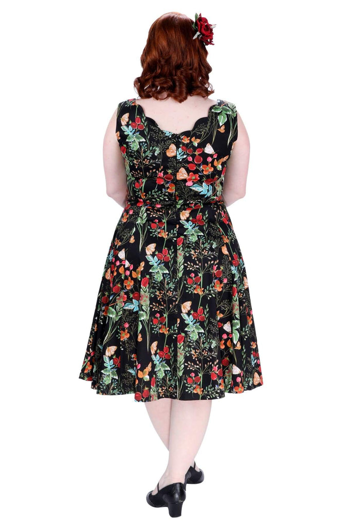 Black with Berry Flower and Butterfly Scallop Neckline A Line Dress