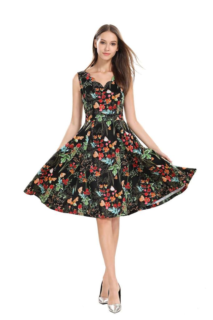 Black with Berry Flower and Butterfly Scallop Neckline A Line Dress