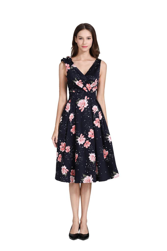 Black Crossover V Neckline with Blooming Pink Peonies A Line Dress with Pockets