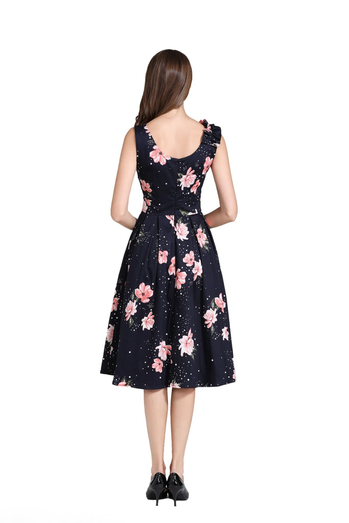 Black Crossover V Neckline with Blooming Pink Peonies A Line Dress with Pockets