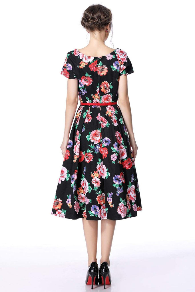 Black Floral Garden Scoop Neck Vintage Dress