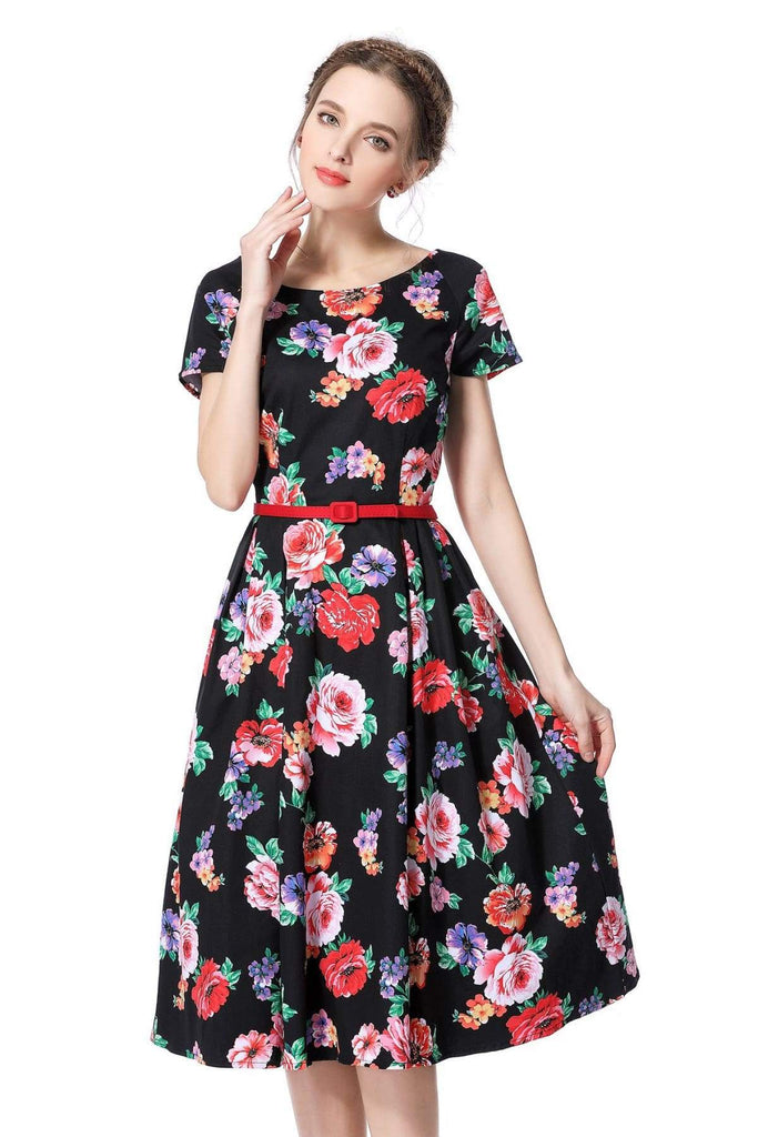 Black Floral Garden Scoop Neck Vintage Dress