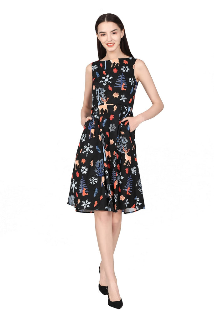 Black Night Forest Boat Neck A Line Cotton Dress with Pockets