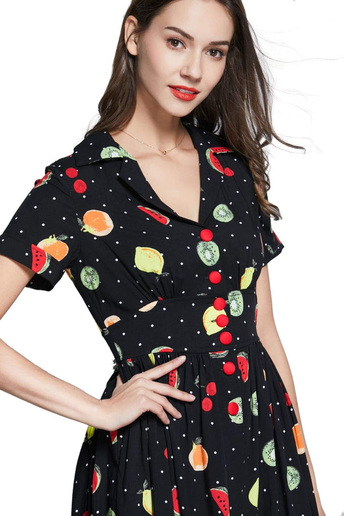 Black Polka Dot Summer Fruit Collared Button Up T-Shirt Vintage Dress with Pockets