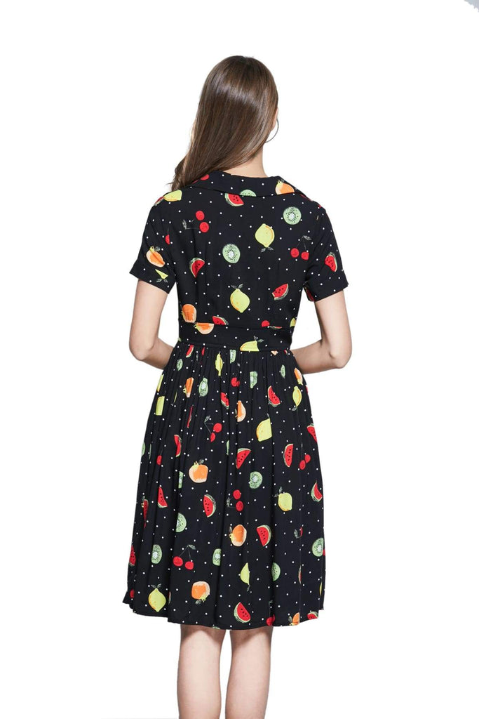 Black Polka Dot Summer Fruit Collared Button Up T-Shirt Vintage Dress with Pockets