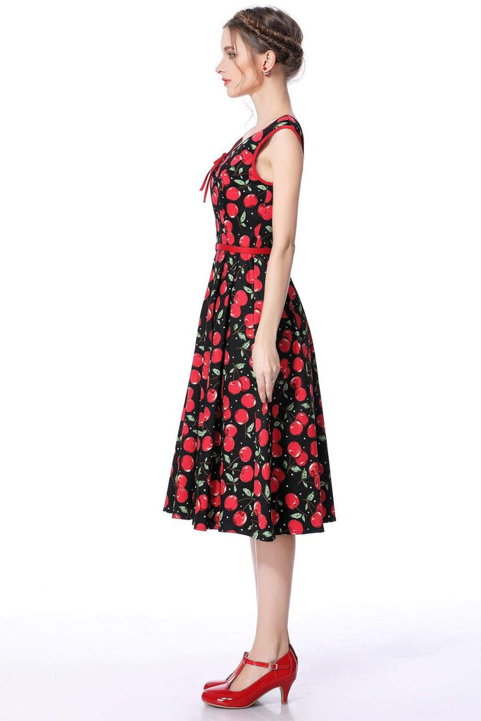 Black & Red Cherry Scoop Neck Bow Tie Vintage Swing Dress