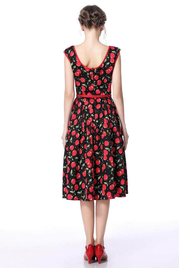 Black & Red Cherry Scoop Neck Bow Tie Vintage Swing Dress