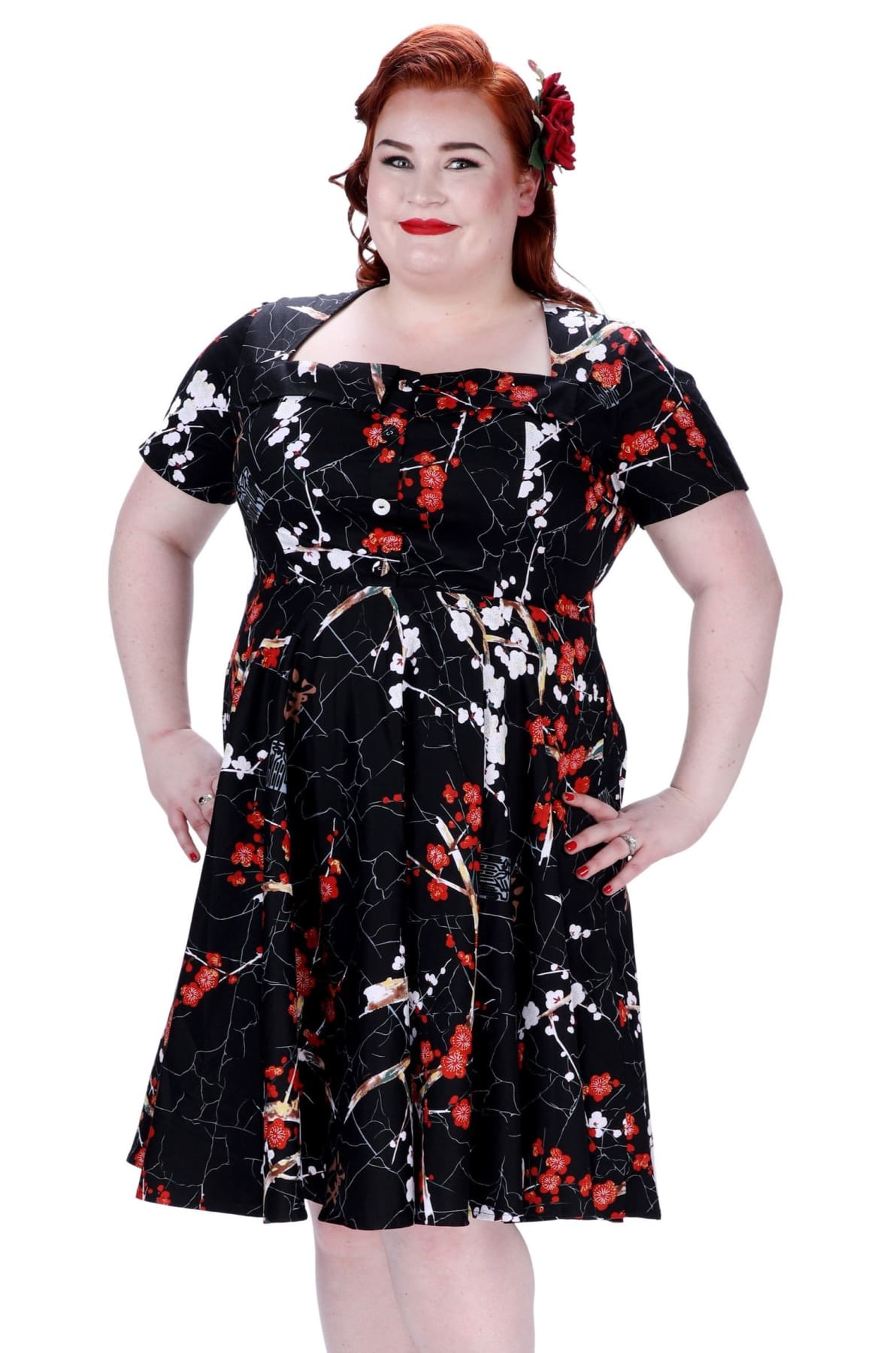 Black with Red and White Blossom Folded Collar A Line Dress with Pockets