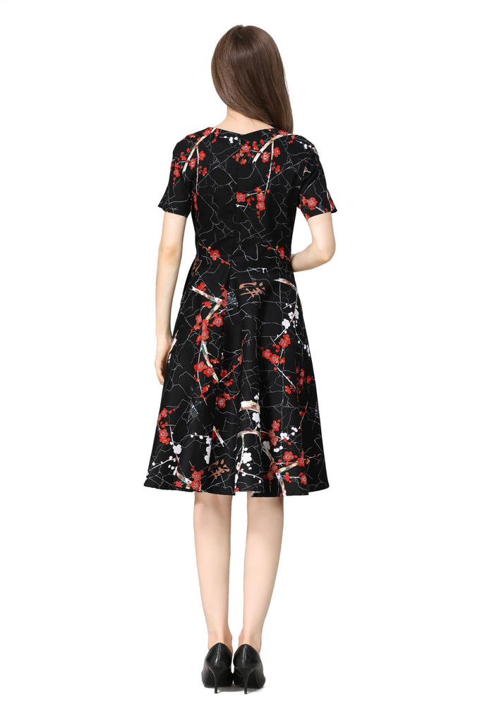 Black with Red and White Blossom Folded Collar A Line Dress with Pockets