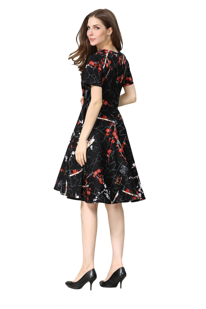 Black with Red and White Blossom Folded Collar A Line Dress with Pockets