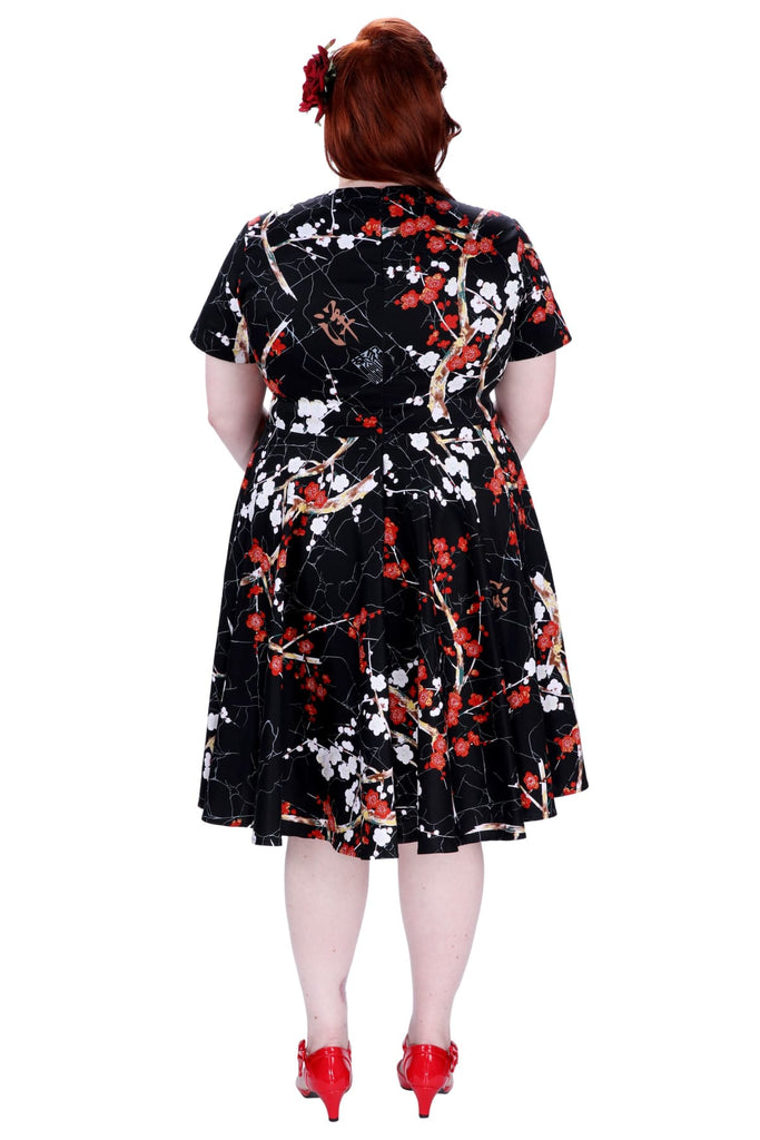 Black with Red and White Blossom Folded Collar A Line Dress with Pockets