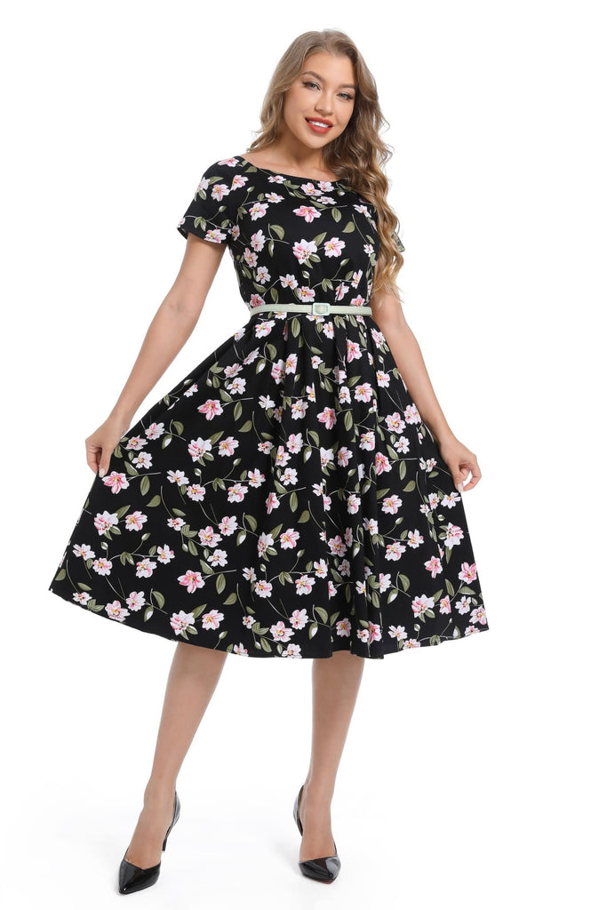 Black Scoop Neck Pink Floral Cotton A Line Cotton Dress with Pockets