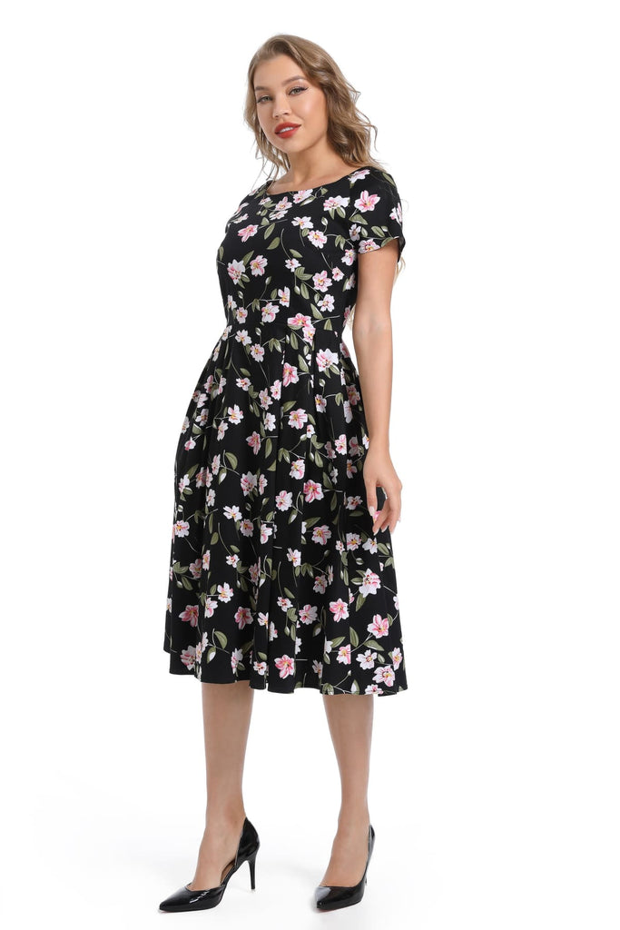 Black Scoop Neck Pink Floral Cotton A Line Cotton Dress with Pockets