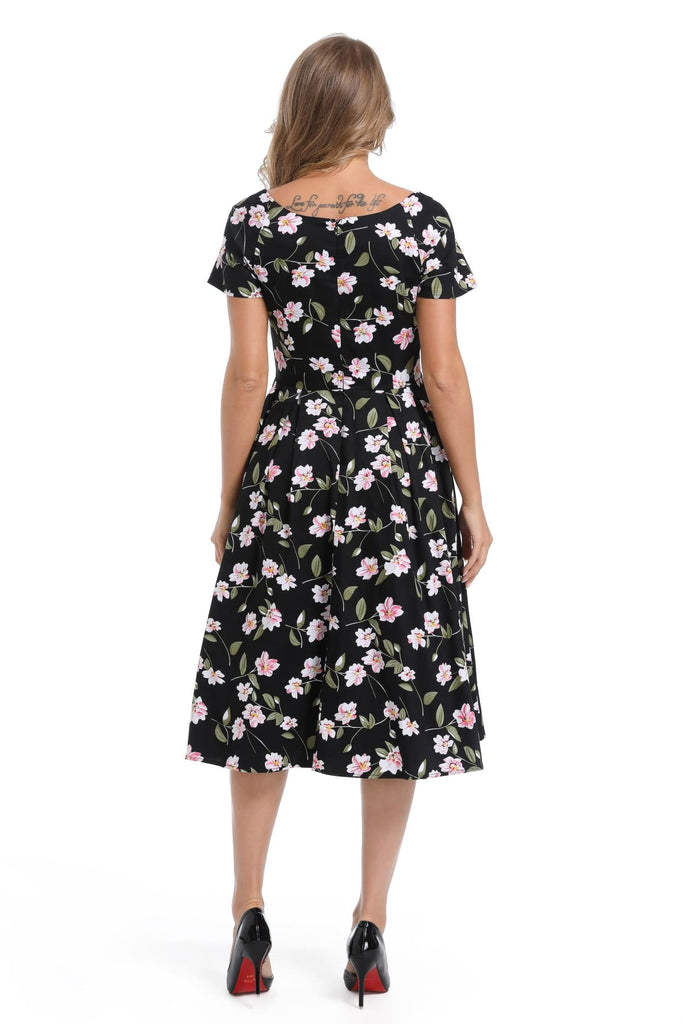 Black Scoop Neck Pink Floral Cotton A Line Cotton Dress with Pockets