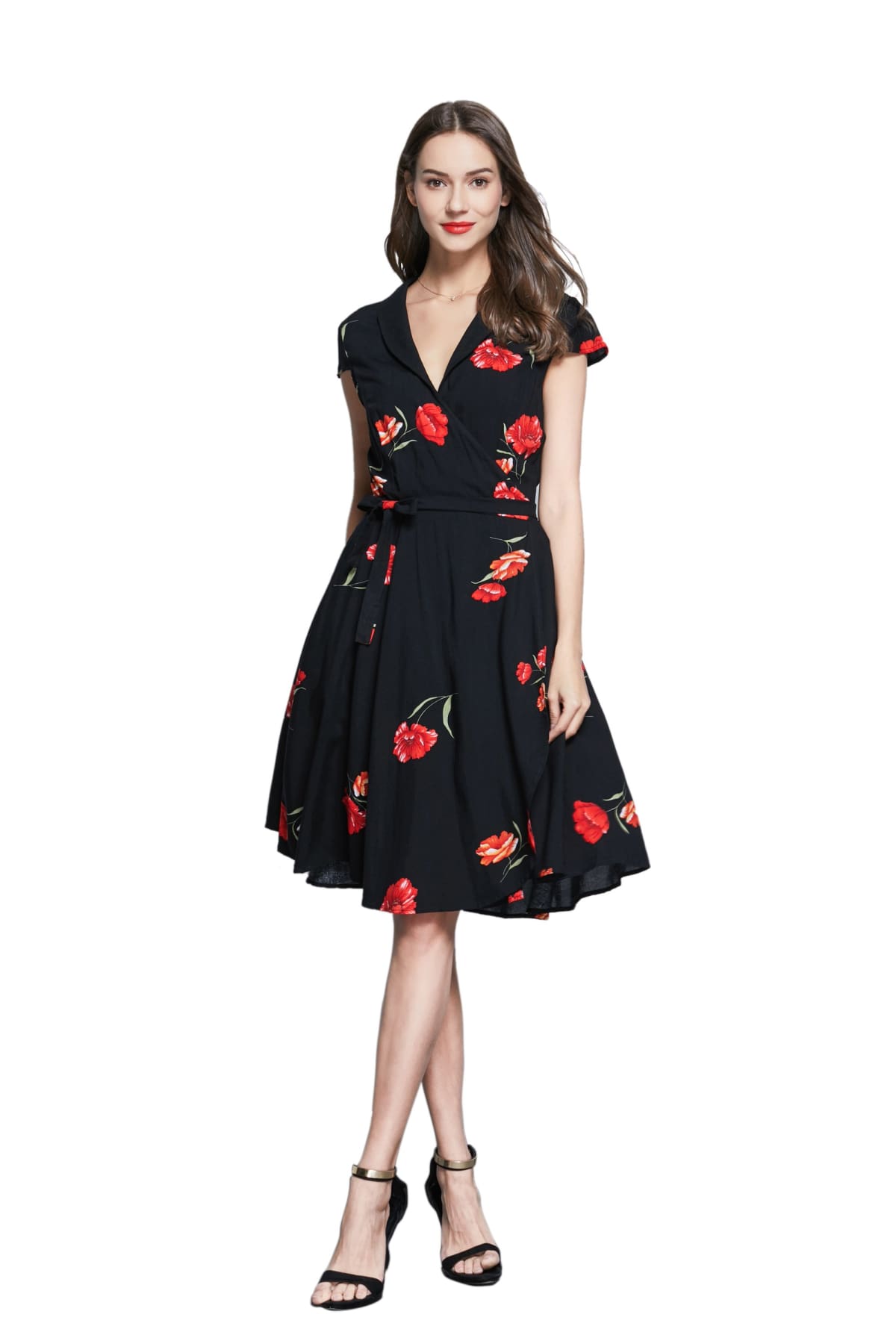 Black Shawl Collared Wrap Dress with Gorgeous Red Peony and Pockets Black Shawl Collared Wrap Dress with Gorgeous Red Peony and Pockets