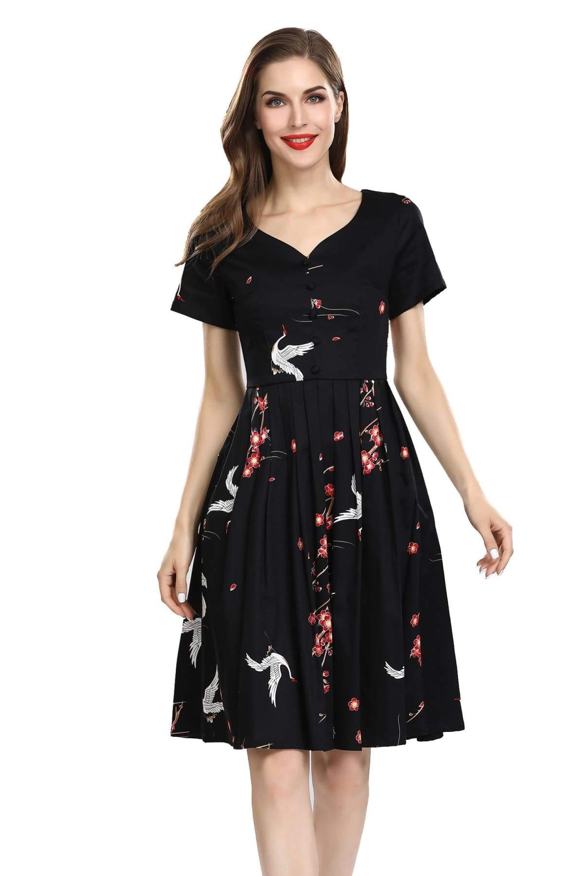 Black Sweetheart Pleated A Line Dress with White Cranes and Pink Cherry Blossom Short Sleeve Vintage Dress