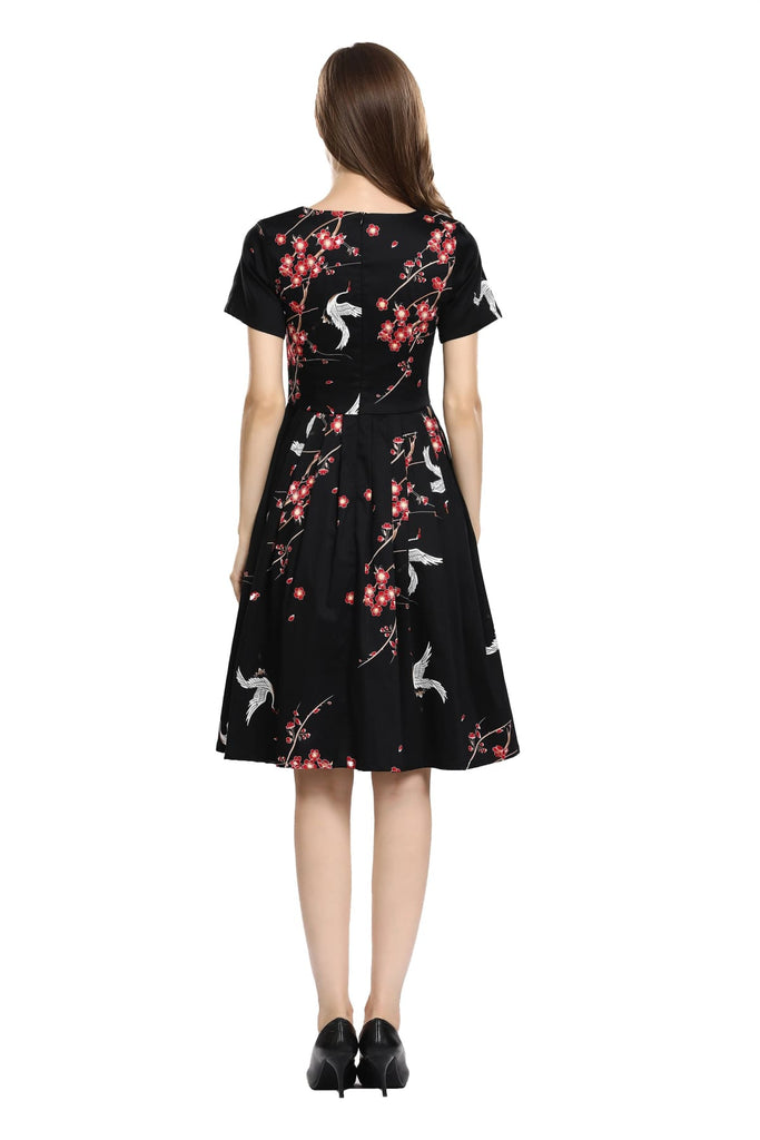 Black Sweetheart Pleated A-Line Dress with White Cranes and Pink Cherry Blossom Short Sleeve Vintage Dress