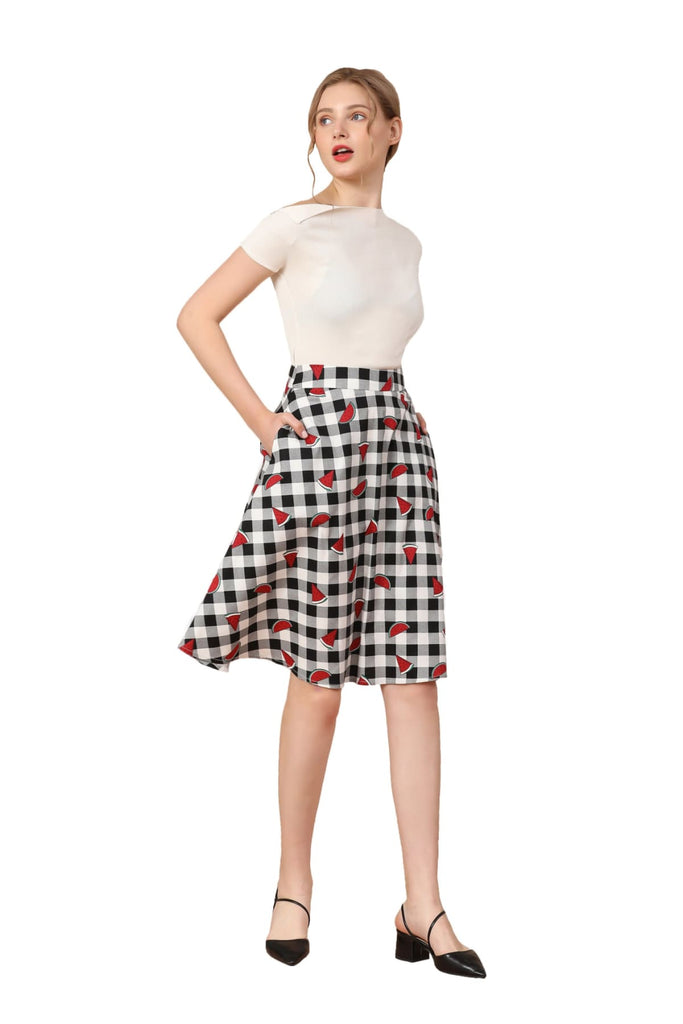 Black and White Gingham A Line Watermelon Cotton Skirt with Pockets