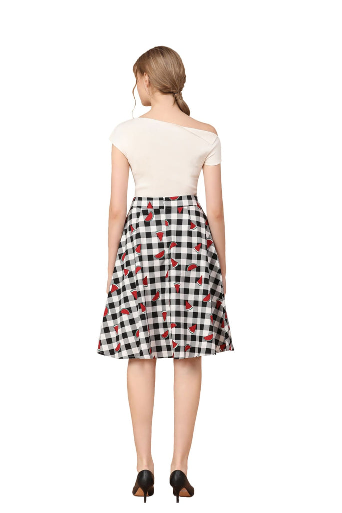 Black and White Gingham A Line Watermelon Cotton Skirt with Pockets