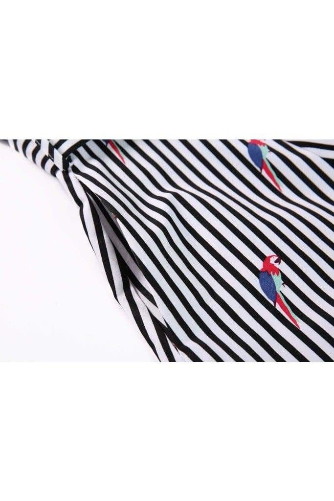 Black and White Stripe Shirt Dress with Blue and Red Macaws with Pockets