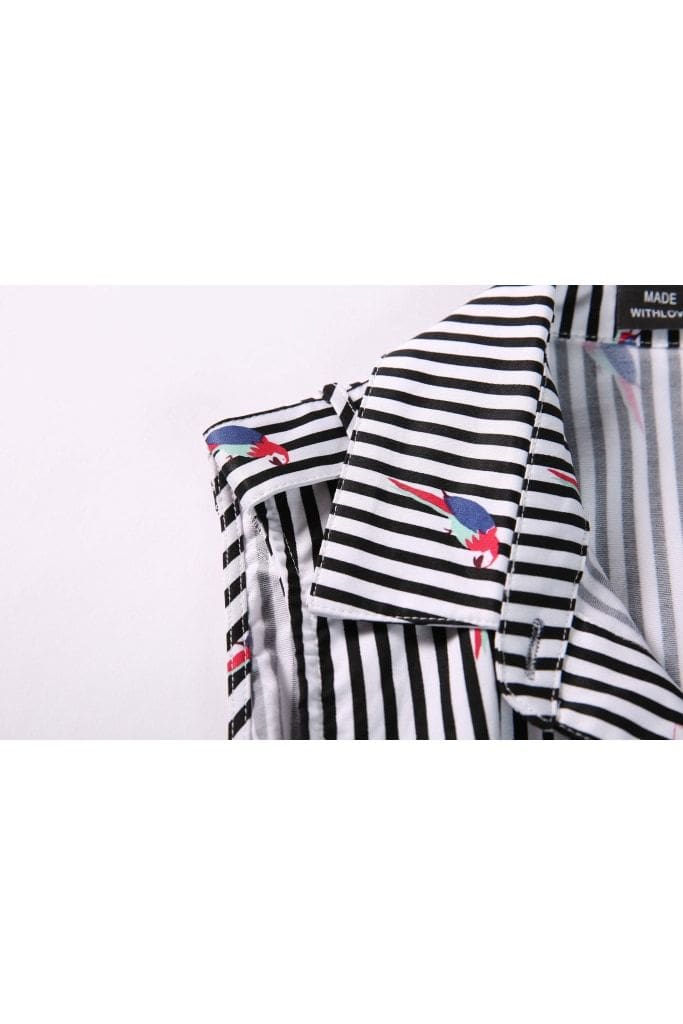 Black and White Stripe Shirt Dress with Blue and Red Macaws with Pockets