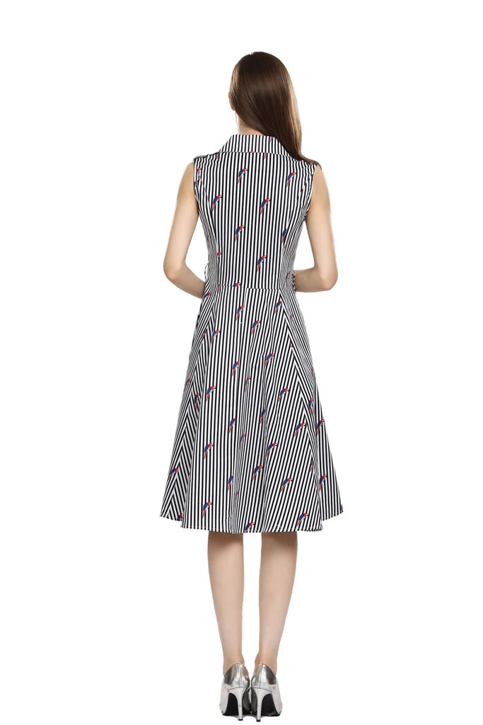 Black and White Stripe Shirt Dress with Blue and Red Macaws with Pockets