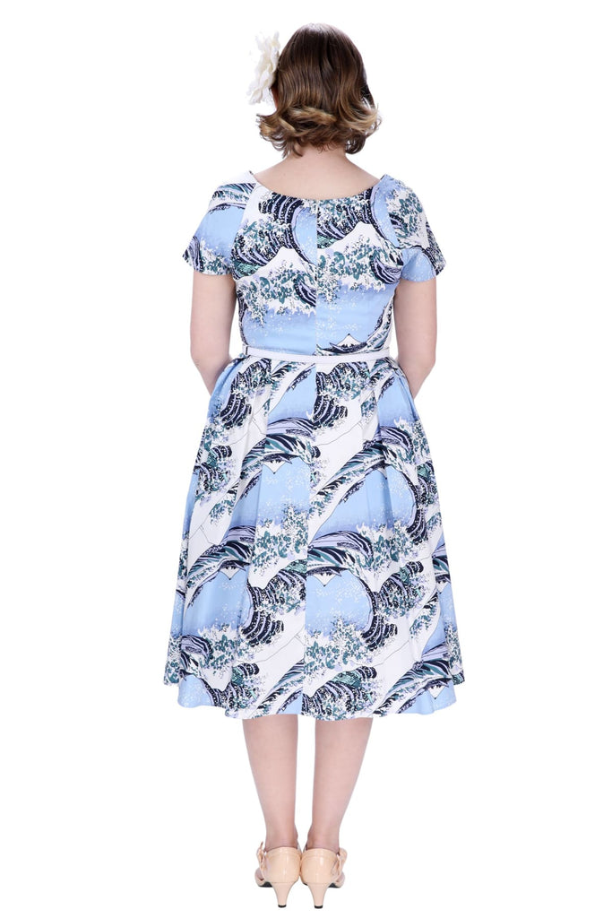 Blue Great Waves Scoop Neck Vintage Dress