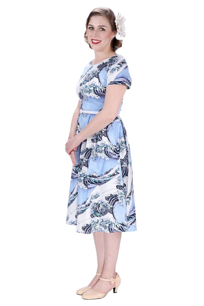 Blue Great Waves Scoop Neck Vintage Dress